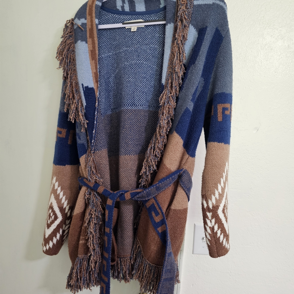 Idyllwind Cozy Fringed Cardigan in Blue and Brown